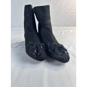 Zara Basic Blk Faux Suede Beaded Bow Ankle Boots Block Heel 6080/201/040 Size 37
